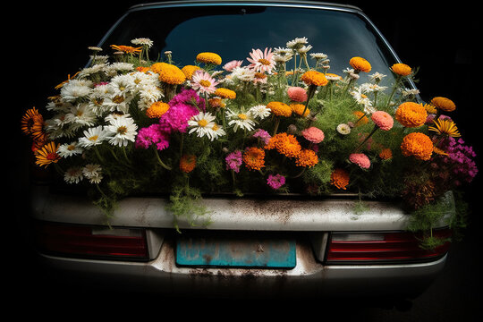 Generative AI illustration of rusty car with colorful blooming flowers in trunk on black background