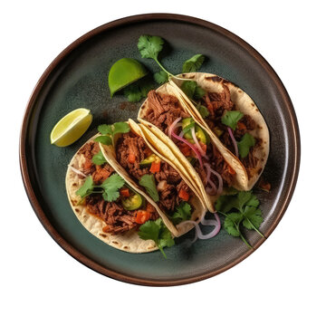 Tacos De Carne Asada On A White Ornate Round Smooth Plate On Isolated Transparent Background Mexican Food. Generative AI