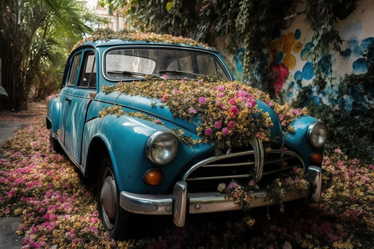 Generative AI illustration of blue retro car covered with flowers placed in yard with green plants