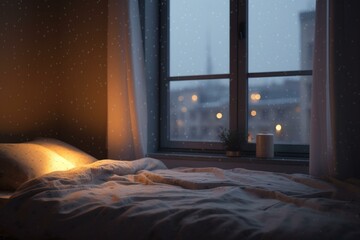 a bed with a blanket and pillows in front of a window with rain falling on it and a street light in the distance with a lamp on the window sill and a blanket on the bed in foreground. Generative AI