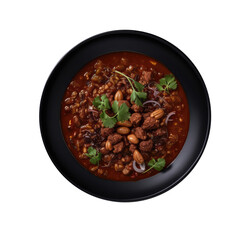 Texasstyle Chili On A Black Abstraction Round Plate On Isolated Transparent Background U.S. Dish. Generative AI