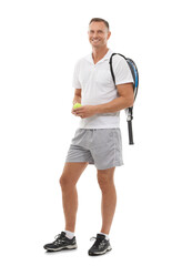 Tennis portrait, sports and man ready for exercise, training and professional game. Athlete, mature male player and ball and racket to start workout for fitness isolated on transparent png background