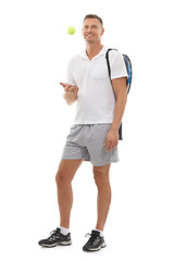 Portrait, tennis sports and man with a ball isolated on a transparent png background for exercise. Training, athlete and mature male player ready to start a sport workout for health and fitness