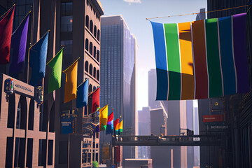 The streets of the city are hung with pride flags from all sides. AI