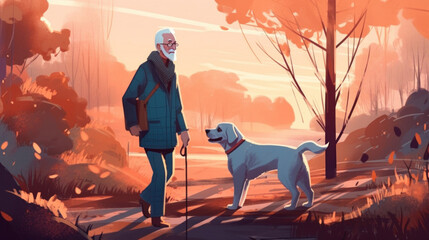 A senior citizen and his dog take a relaxing walk through the city, enjoying the sights and sounds. Generative AI