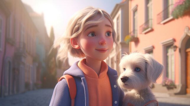 A captivating image of a girl and her loyal pet strolling through the city. Generative AI