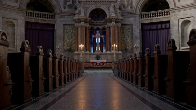 Beautiful shot of the inside of the massive dome of the Frederiks Church in Copenhagen, Denmark
