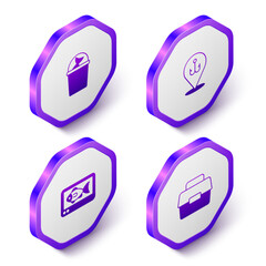 Set Isometric Fishing bucket with fish, hook, finder echo sounder and Case or box for fishing icon. Purple hexagon button. Vector