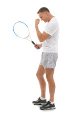 Winner, tennis sports and celebration of man isolated on a transparent png background for success....