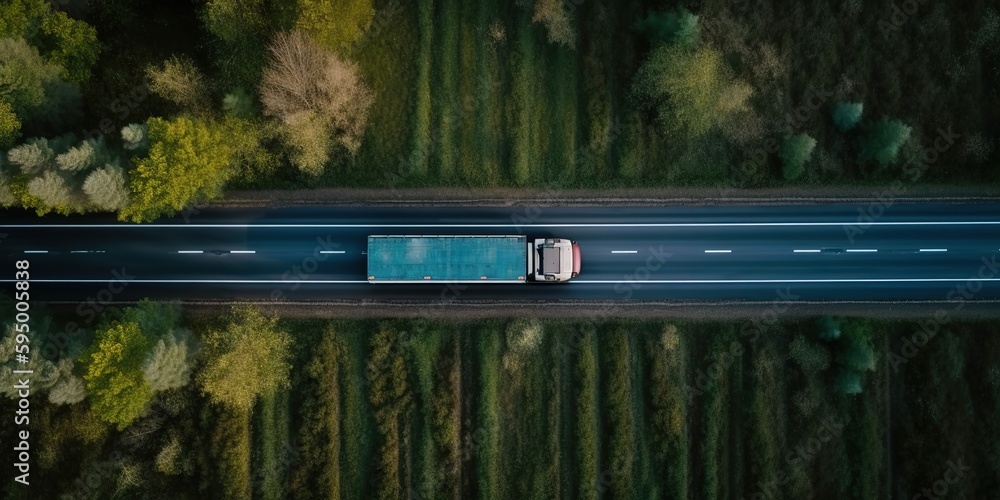 Poster autumn colorful trees on the side of the road with a truck.aerial view. panoramic shot. generative a