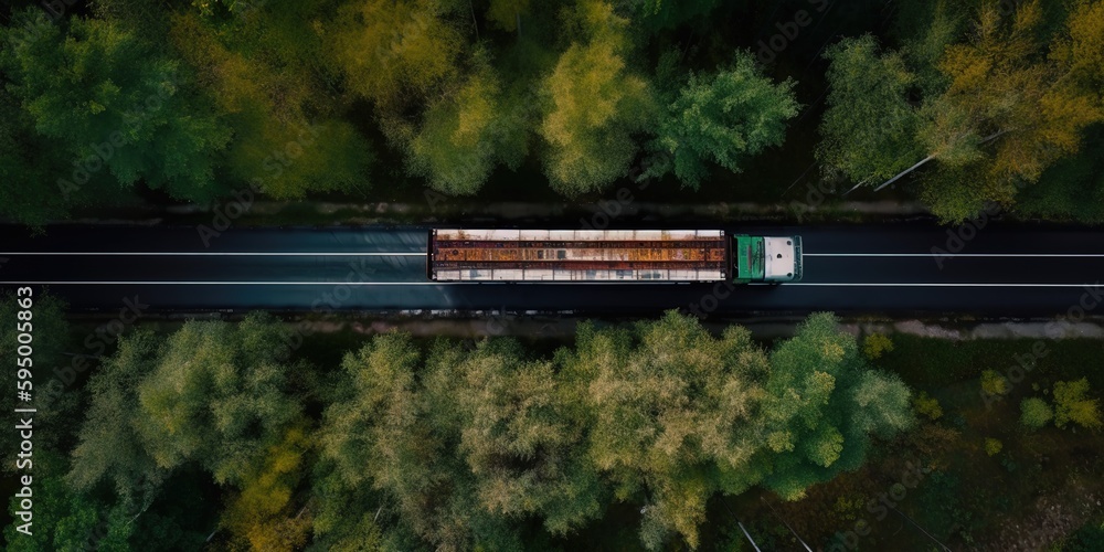 Poster autumn colorful trees on the side of the road with a truck.aerial view. panoramic shot. generative a