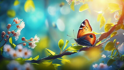 Art Beautiful blurred spring background nature with blooming glade, butterfly and blue sky on a sunny day realistic painting