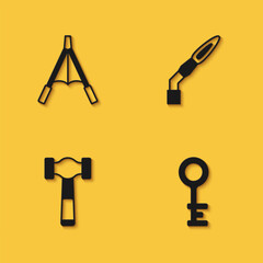 Set Air blower bellows, Old key, Hammer and Welding torch icon with long shadow. Vector