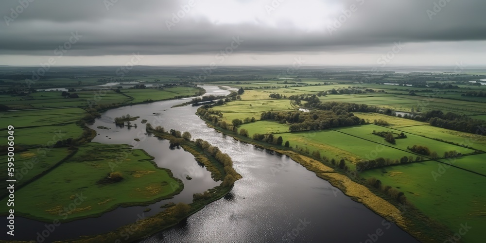 Poster View from the height of the forest and the river in the middle of the forest.Aerial view. Panoramic shot. Generative AI