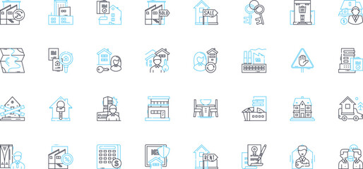 Market facility linear icons set. Hub, Bazaar, Mall, Plaza, Center, Arcade, Emporium line vector and concept signs. Mart,Square,Marketplace outline illustrations