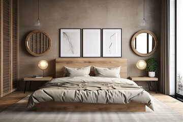 Mockup frame in rustic bedroom interior background, 3d render. Generative AI