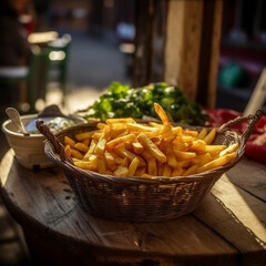 French fries in a basket outdoor cafe professional pr, Generative AI