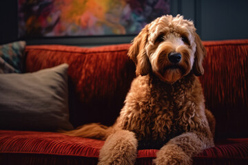 Goldendoodle Red Couch created with Generative AI Technology, ai, generative