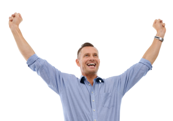 Winner, fist or happy businessman with success or victory for winning sales isolated on png background. Hands up, transparent or excited person with sales profit for achievement, goals or motivation