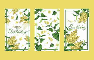 birthday card mockup or invitation card. Frame with text and flowers - white lilac with juicy green leaves