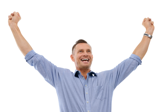 Winner, fist or happy businessman with success or victory for winning sales isolated on png background. Hands up, transparent or excited person with sales profit for achievement, goals or motivation