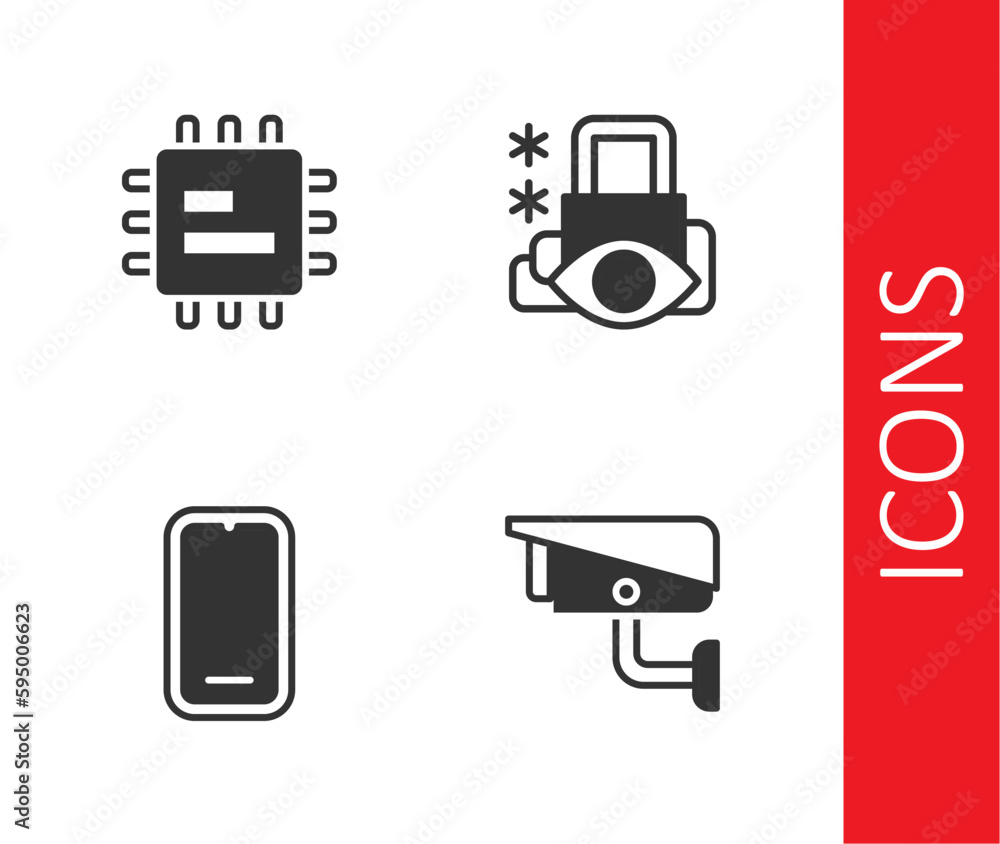 Poster set security camera, processor cpu, mobile phone and cyber security icon. vector