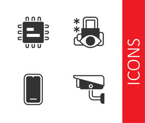 Set Security camera, Processor CPU, Mobile phone and Cyber security icon. Vector