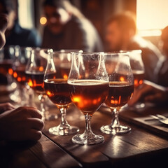 Obraz na płótnie Canvas Group of people drinking beer at brewery pub restaura, Generative AI