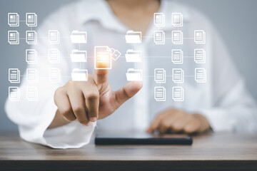 professional digital business man doing sign file report folder accounting on document management system technology to record paperwork database on cloud computing internet online security