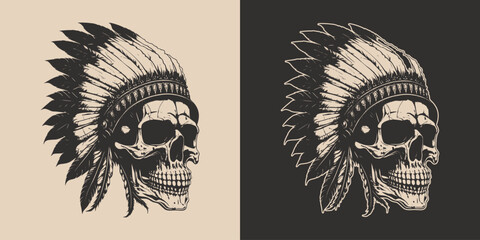 Set of vintage retro scary native american indian apache chief skull with feathers. Can be used like emblem, logo. Monochrome Graphic Art. Vector. Hand drawn element in engraving style.