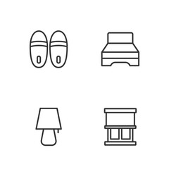 Set line Window with curtains, Table lamp, Slippers and Big bed icon. Vector