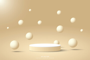 Abstract white brown 3d cylinder podium pedestal or stage for show product with balls floating or bouncing up and down on the air. Round 3D stage scene for showcase. Vector geometric platforms design.