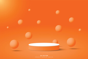 Abstract white orange 3d cylinder podium pedestal or stage for show product with balls floating or bouncing up and down on the air. Round 3D stage scene for showcase. Vector geometric platforms design