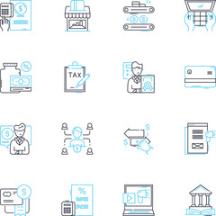 Business examination linear icons set. Analysis, Evaluation, Assessment, Audit, Diagnosis, Inspection, Inquiry line vector and concept signs. Scrutiny,Review,Appraisal outline illustrations