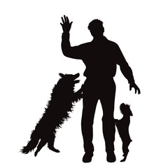 Vector silhouette of dancing man with his happy dogs on white background.