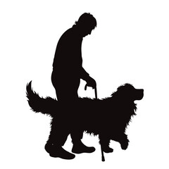 Vector silhouette of a old man with his dog on white background.