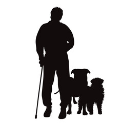 Vector silhouette of a old man with his dogs on white background.