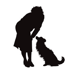 Vector silhouette of woman with her happy dog on white background.