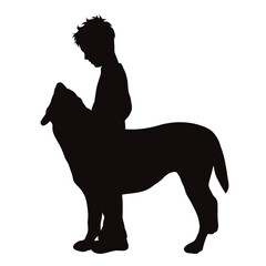 Vector silhouette of child with his happy dog on white background.