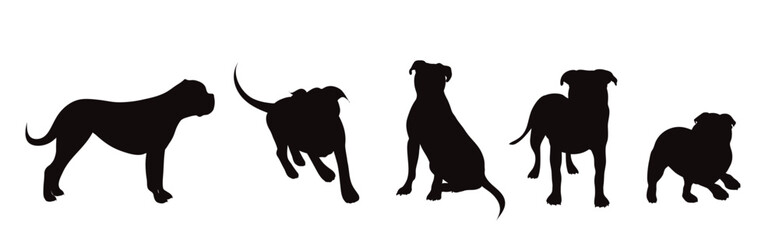 Vector silhouette of set of dogs on white background.