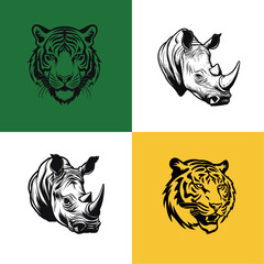 Vector illustration of wild animals. Hand drawn silhouette. Engraving illustration Tigers and rhinos.	

