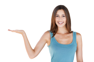 Presentation portrait, happy and woman with palm gesture, advertising copy space or discount product promotion. Branding, offer and female brand ambassador isolated on a transparent, png background