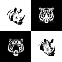 Vector illustration of wild animals. Hand drawn silhouette. Engraving illustration Tigers and rhinos.	
