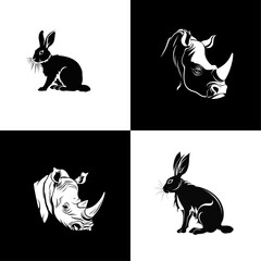 Vector illustration of wild animals. Hand drawn silhouette. Engraving illustration Rabbit and rhino.	
