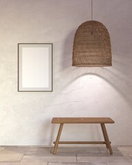 Fragment of an interior with a wicker lampshade and a wooden bench. 3d rendering	