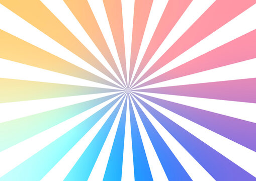 集中線とパステルカラーの虹色グラデーション背景。Concentrated line and pastel color rainbow gradient background.