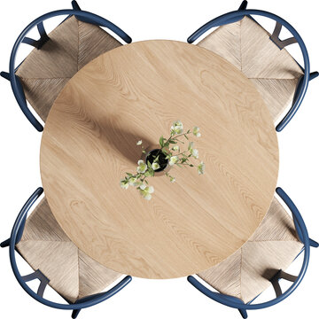 Top view of  Round dining table with chairs	