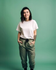Full body studio portrait of a fictional white brunette teen girl wearing a white t-shirt and cargo pants.. Isolated on a pastel green background. Generative AI illustration.