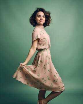 Full body studio portrait of a fictional white brunette woman in a pink flowered sundress, dancing and smiling. Isolated on a green pastel background. Generative AI illustration.