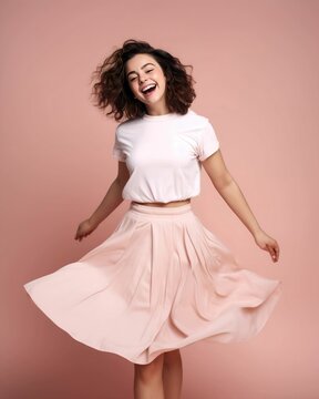 Full body studio portrait of a fictional white brunette lady smiling and dancing elegantly in a pink skirt and white top.  Isolated on a pastel pink background. Generative AI illustration.